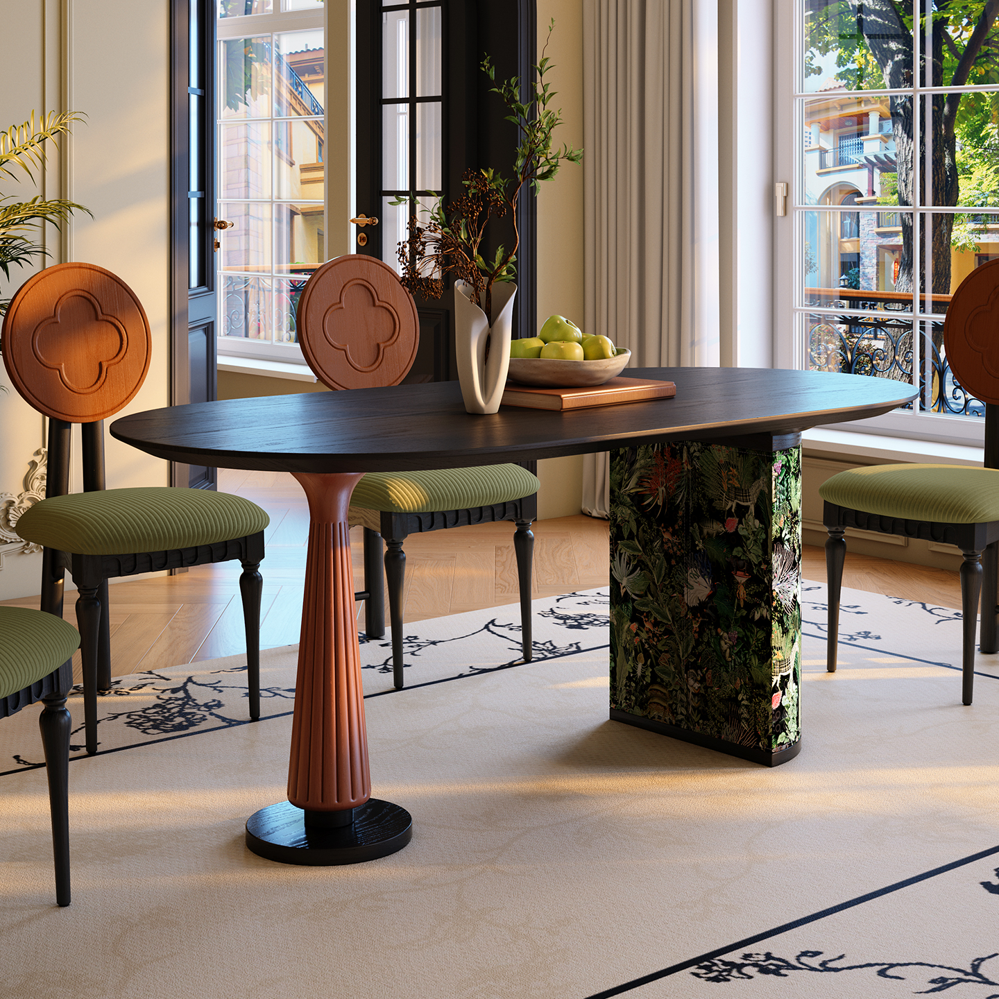 博高宜木法式复古实木餐桌小户型家用椭圆形餐桌中古风白蜡木饭桌