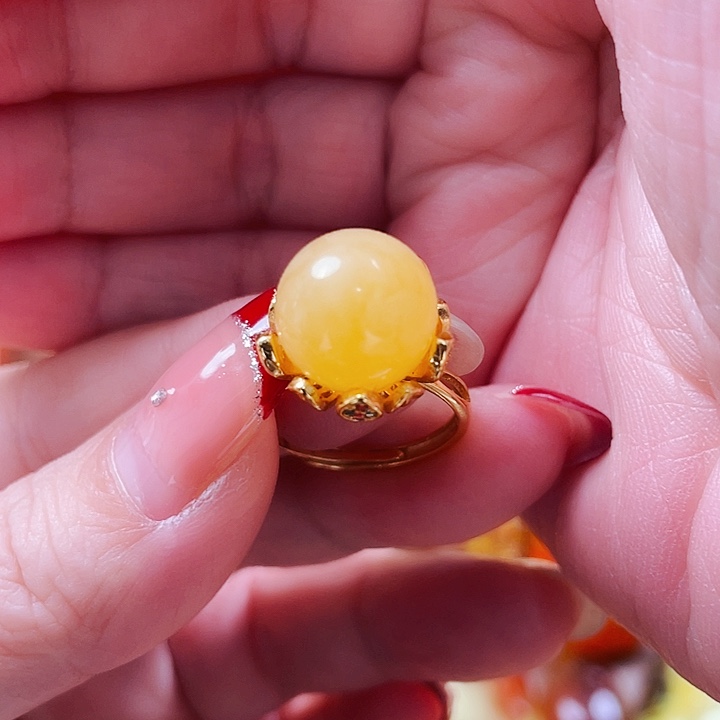 琥珀戒指银S925镶嵌戒指