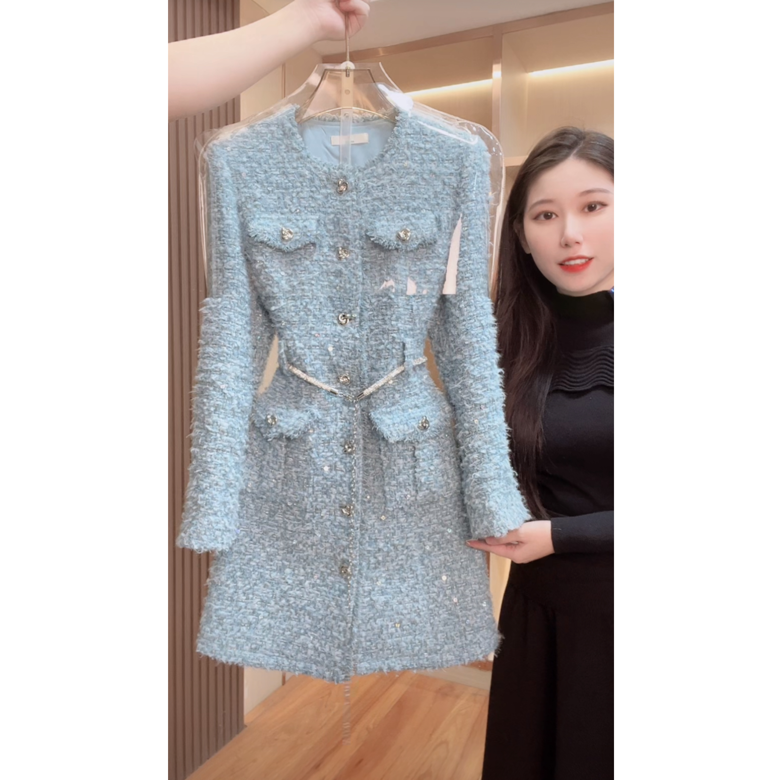 【门店飞】2391囯内设计师品牌女装气质收腰长袖连衣裙