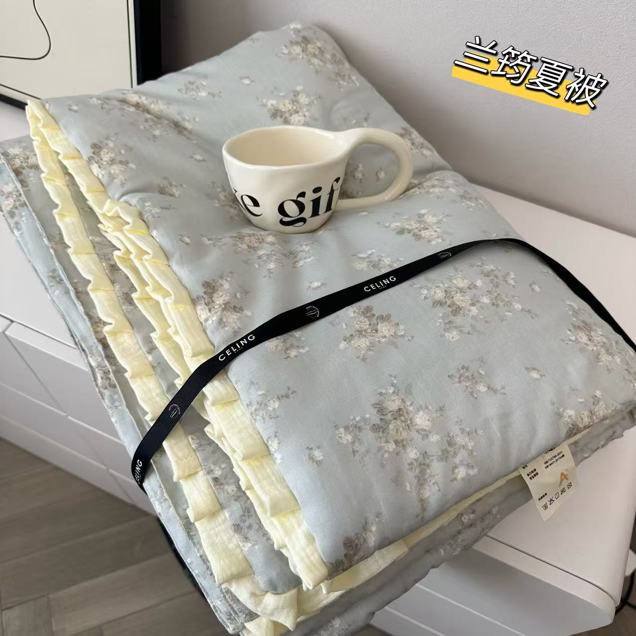 春季新品母婴级A类全棉皱皱纱花边夏被 双层纱空调被可机洗