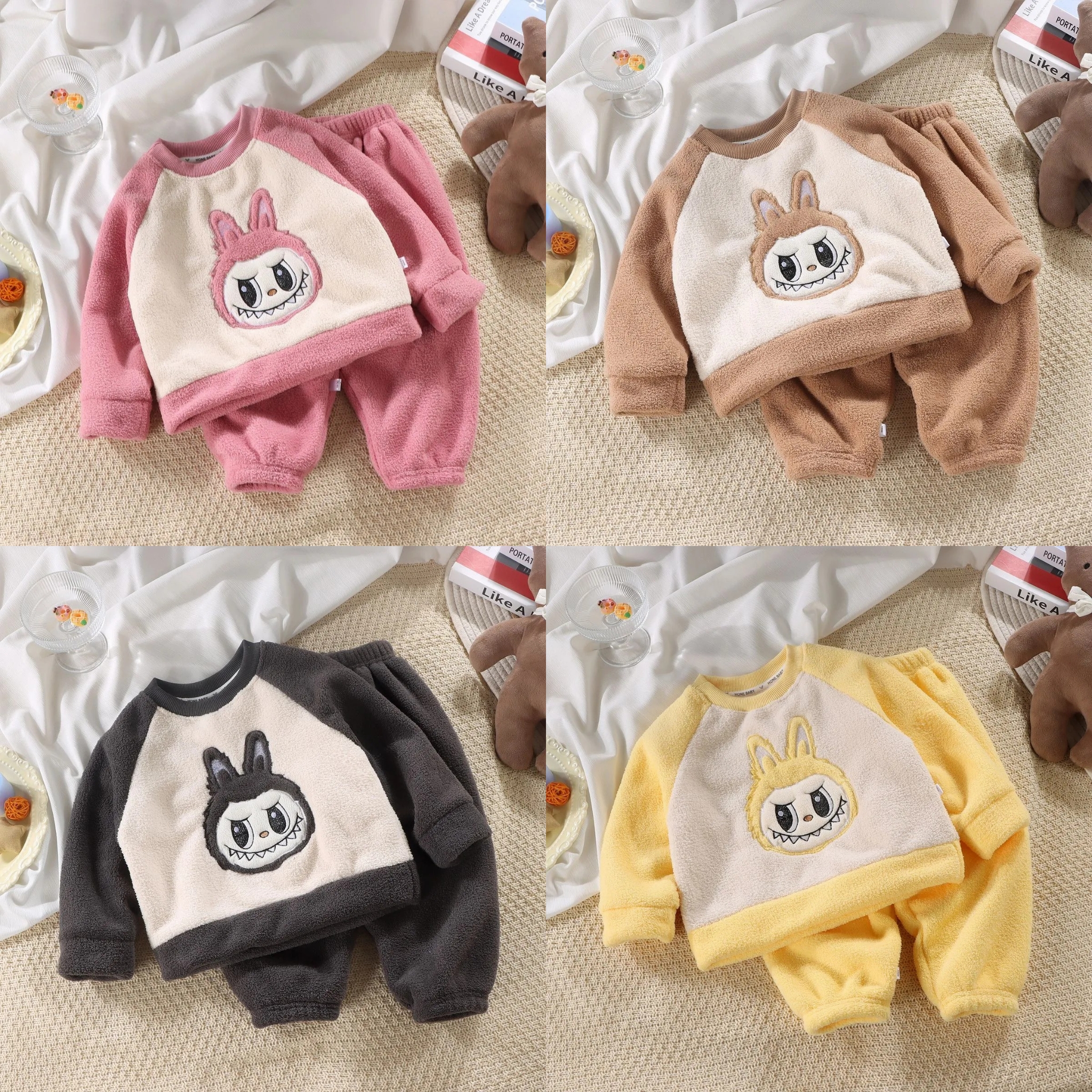 卡通风男童女童家居服套装中小童珊瑚绒睡衣家居服加绒加厚云朵绒