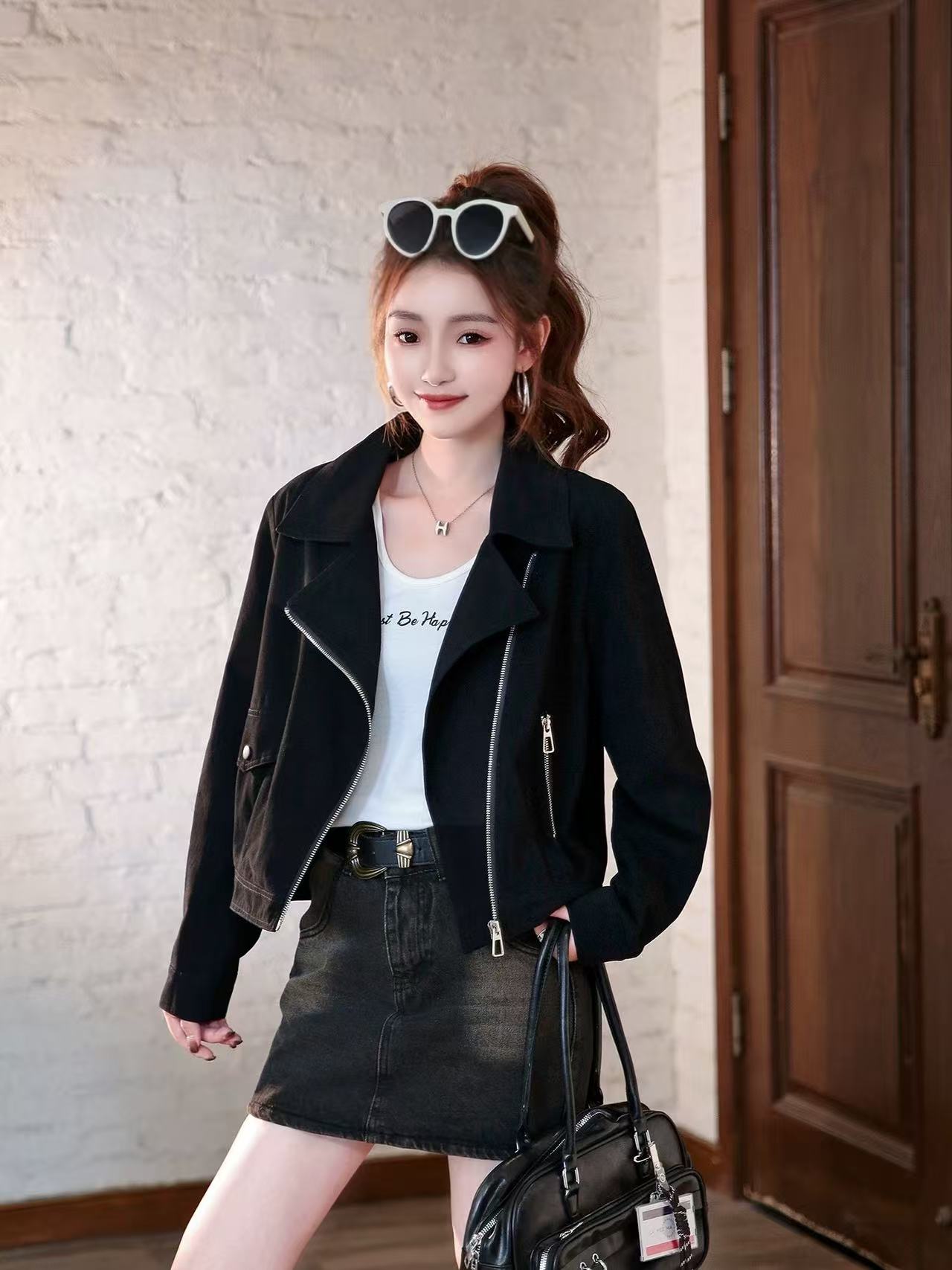 【丽姐宠粉】短款外套女新款休闲洋气夹克机车黑色高级感上衣S232