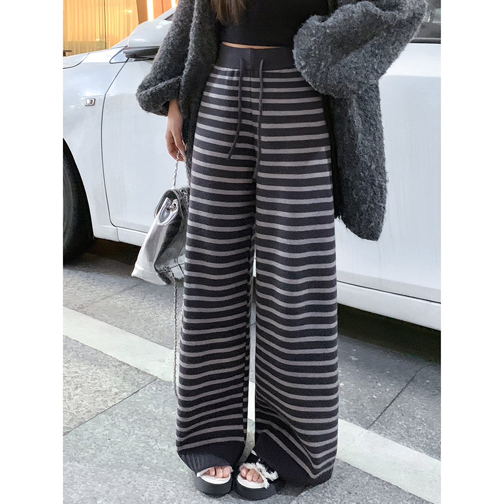 时尚撞色横条纹休闲裤女春秋季小个子高腰显瘦松弛感拖地直筒裤潮