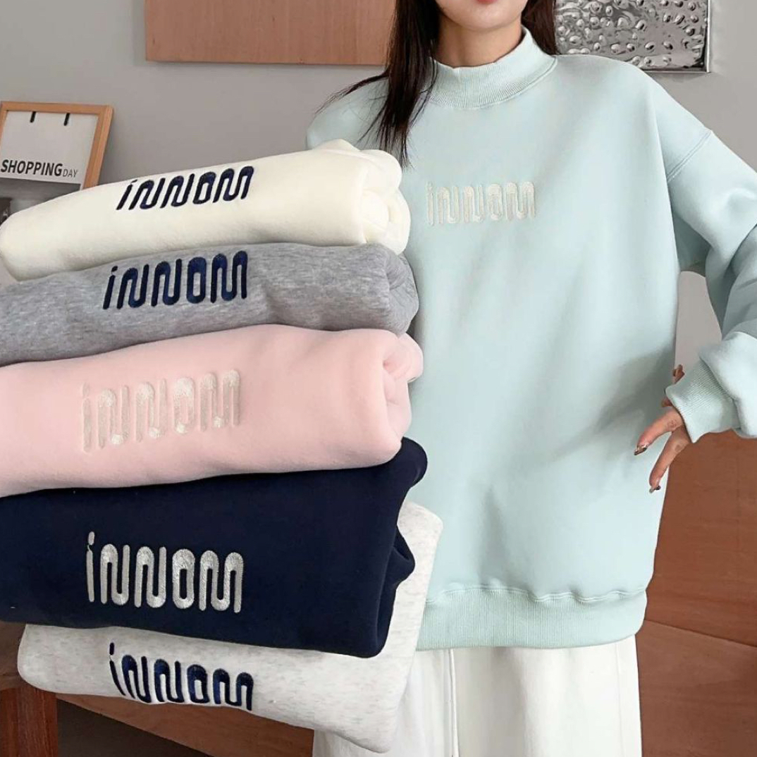 半高领 羊羔绒 加绒加厚卫衣 中间字母刺绣 保暖显瘦