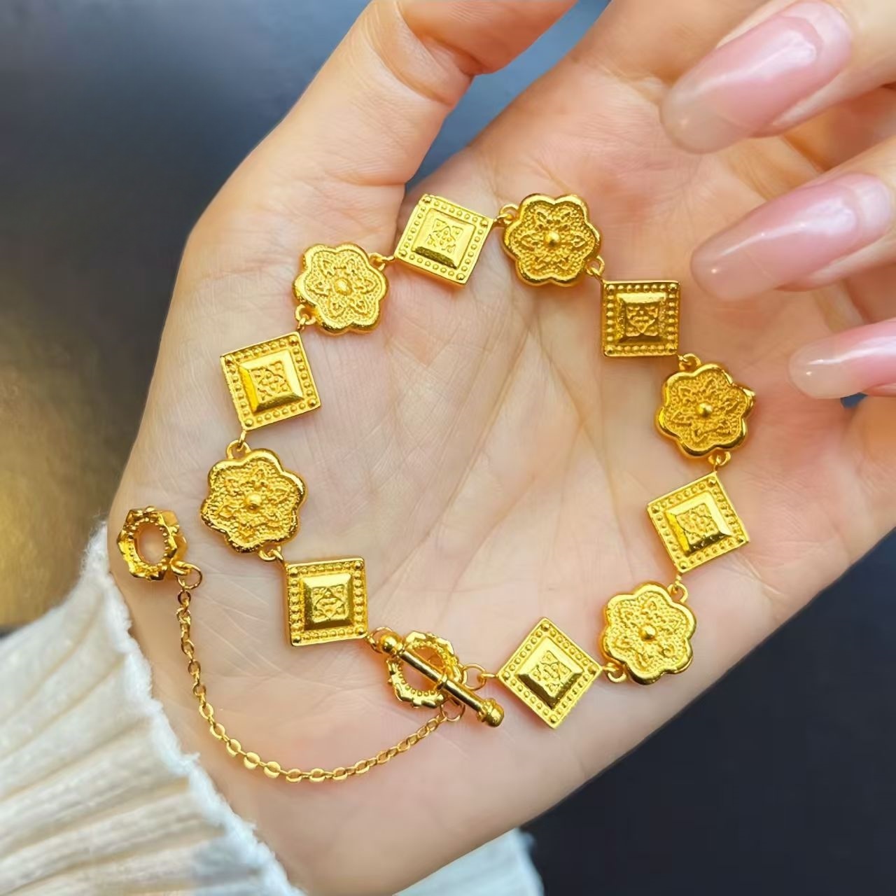 铜合金手链 手链盛世华彩金店款沙砂金小方糖久不掉色可调节百搭