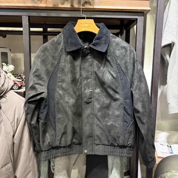 男冬翻领拼接休闲百搭加厚加棉皮衣外套27532