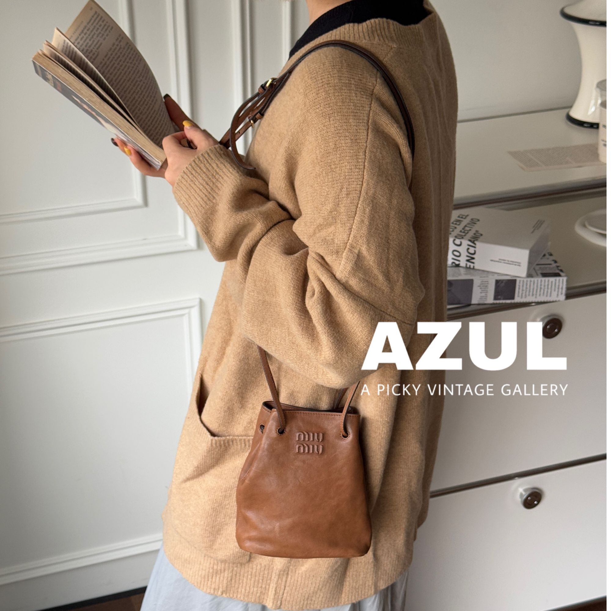 99新 MIU MIU/缪缪 Azul - 干邑色做旧羊皮mini水桶包 41284