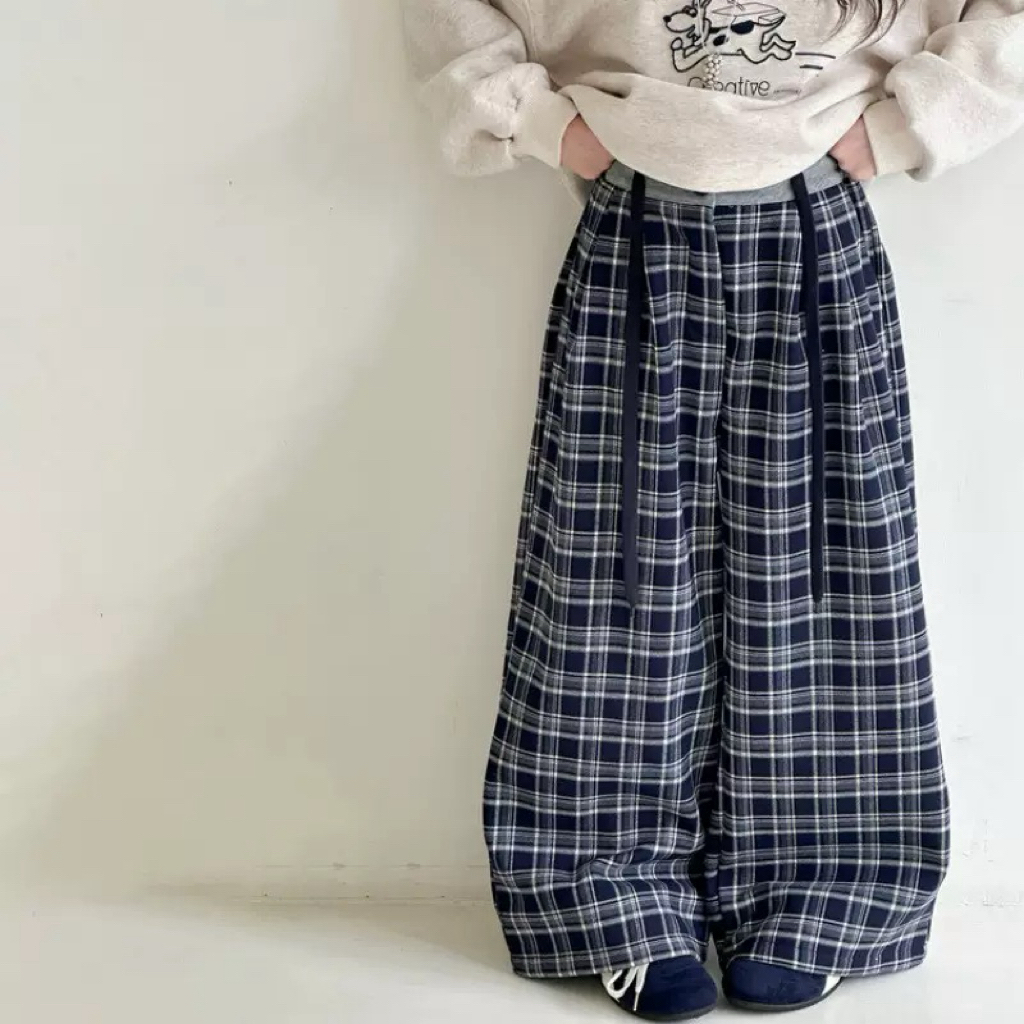 300-沫弛尔mochier女大童2025冬季新品加绒加厚格子裤宽松