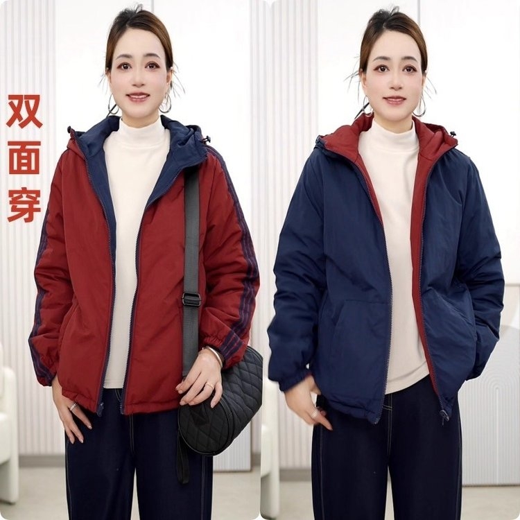 秋冬新款双面双穿棉服连帽洋气棉衣宽松冬季休闲防风外套保暖户外