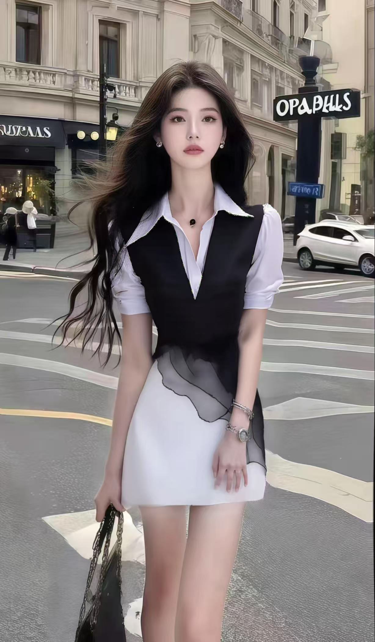 轻熟知性风黑白衬衫领修身短袖收腰连衣裙小众高级感时尚气质女装