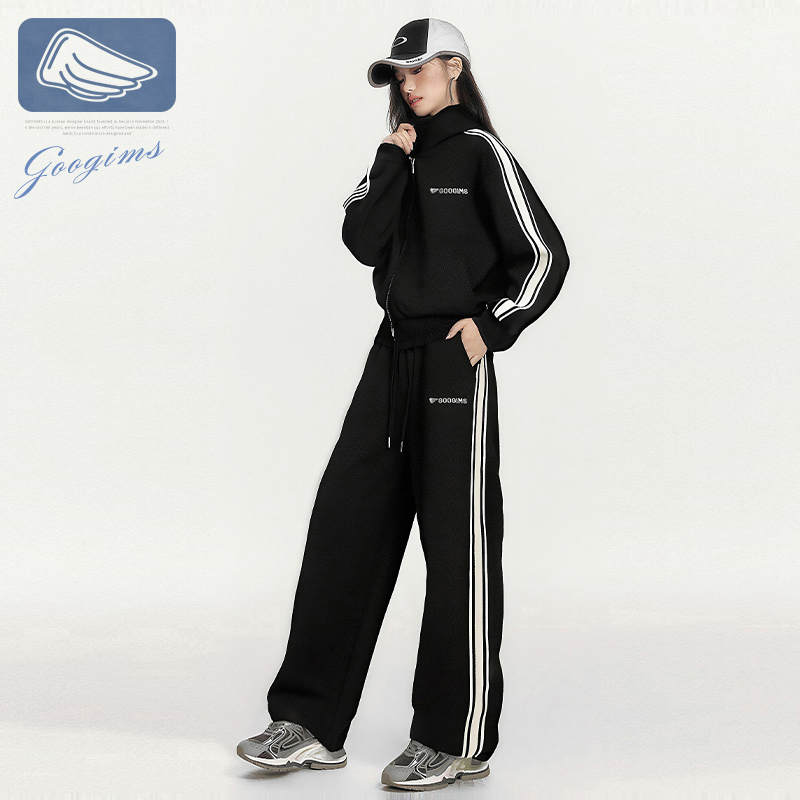 韩国Googims秋季经典条纹卫衣套装新款休闲情侣款百塔连帽套装女