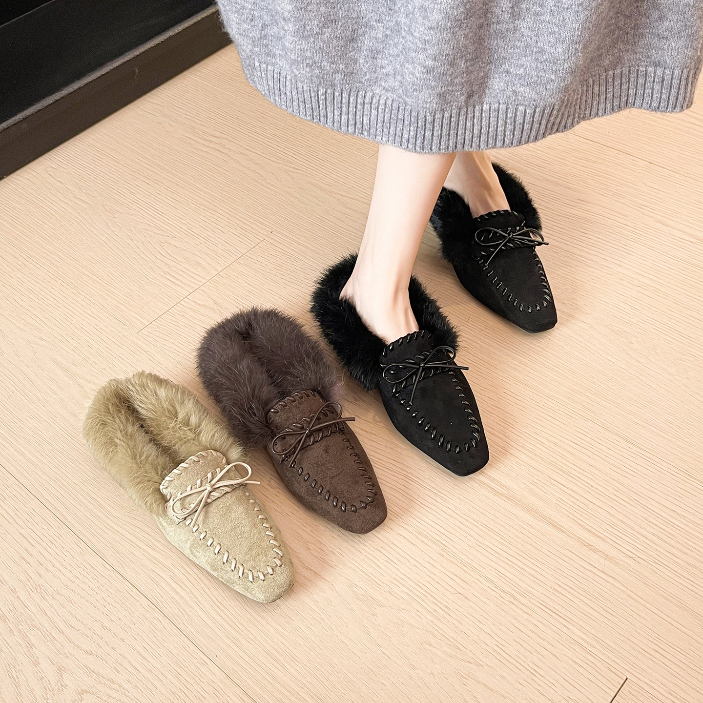 尖头加绒毛毛棉拖鞋女鞋子外穿冬季蝴蝶结一脚蹬包头半拖