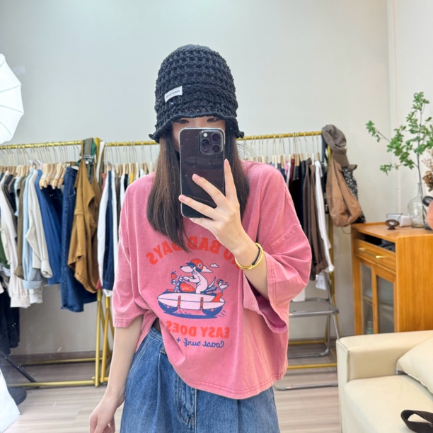 夏季宽松显瘦百搭短款小狗骑士水洗做旧T恤