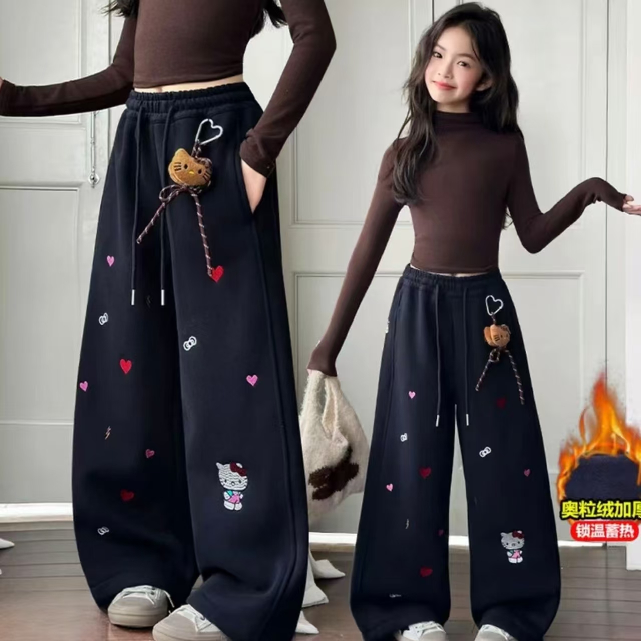  （送玩偶）女童秋冬爱心绣花小猫加绒裤休闲裤