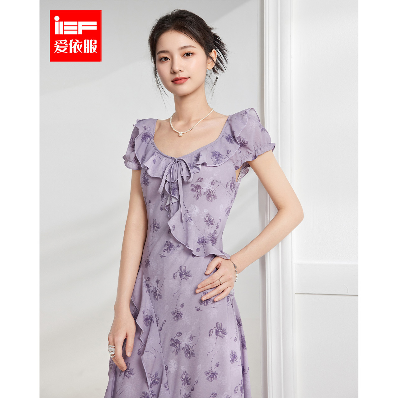 IEF/爱依服裙子2025夏季新款碎花显瘦气质时尚法式收腰连衣裙