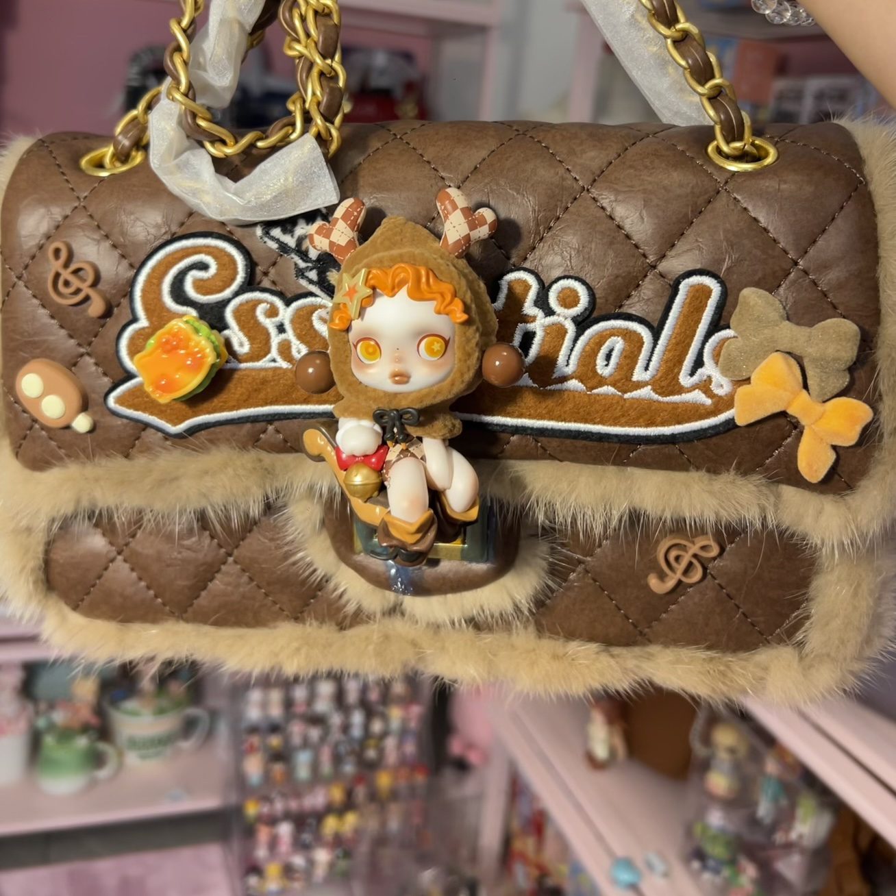 《琦玮纯羊皮貂毛》小香娃包美拉德色系棕色正版泡泡玛特SP娃包二创