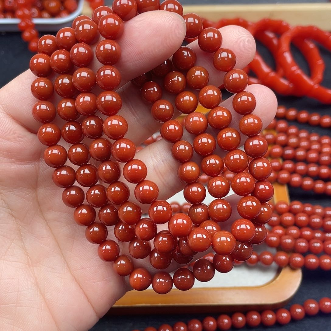 未镶嵌2号瓦西牛血红卡8圆珠108南红玛瑙