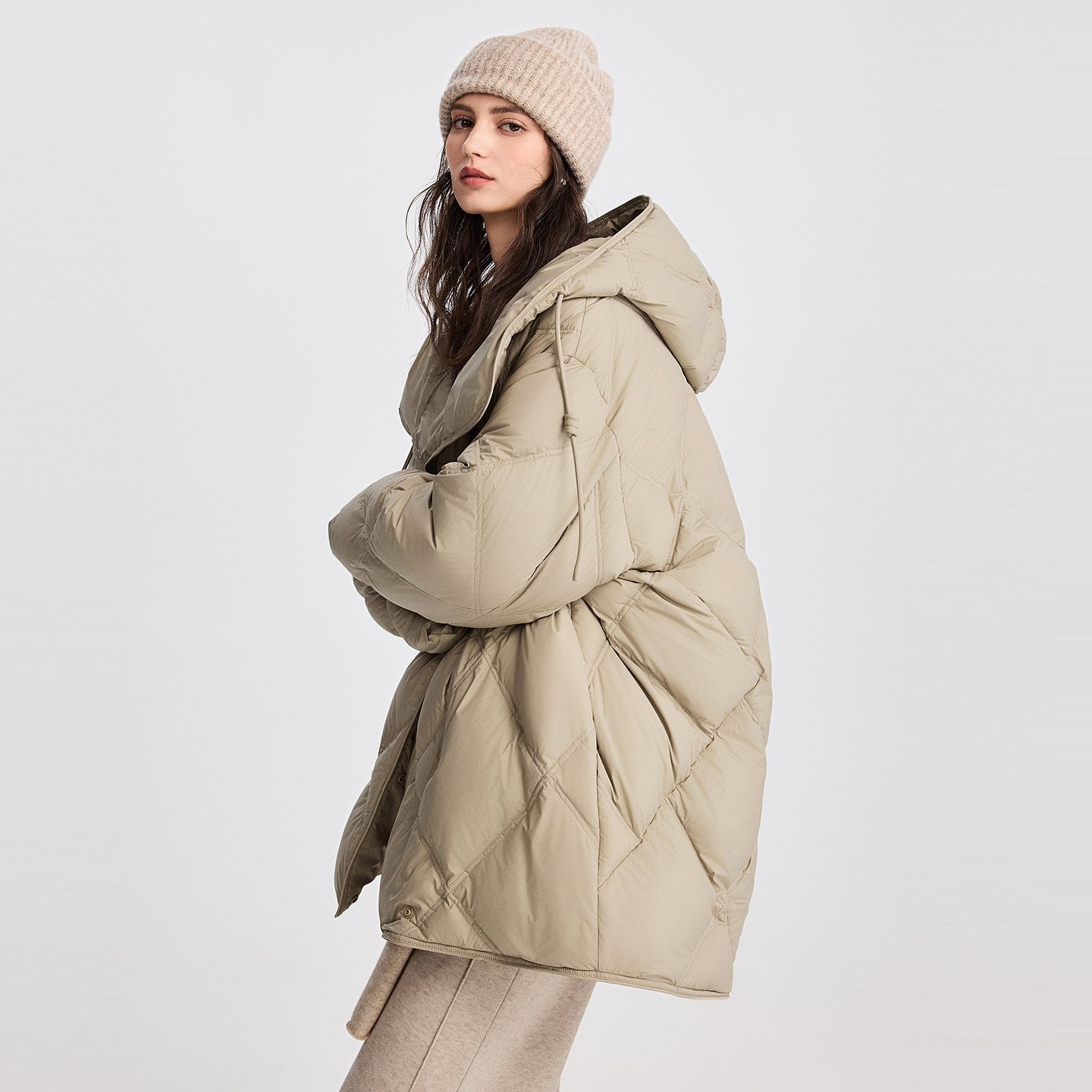 初棉【11.13上新】冬90白鹅绒菱形格廓型连帽羽绒服一手长367615011