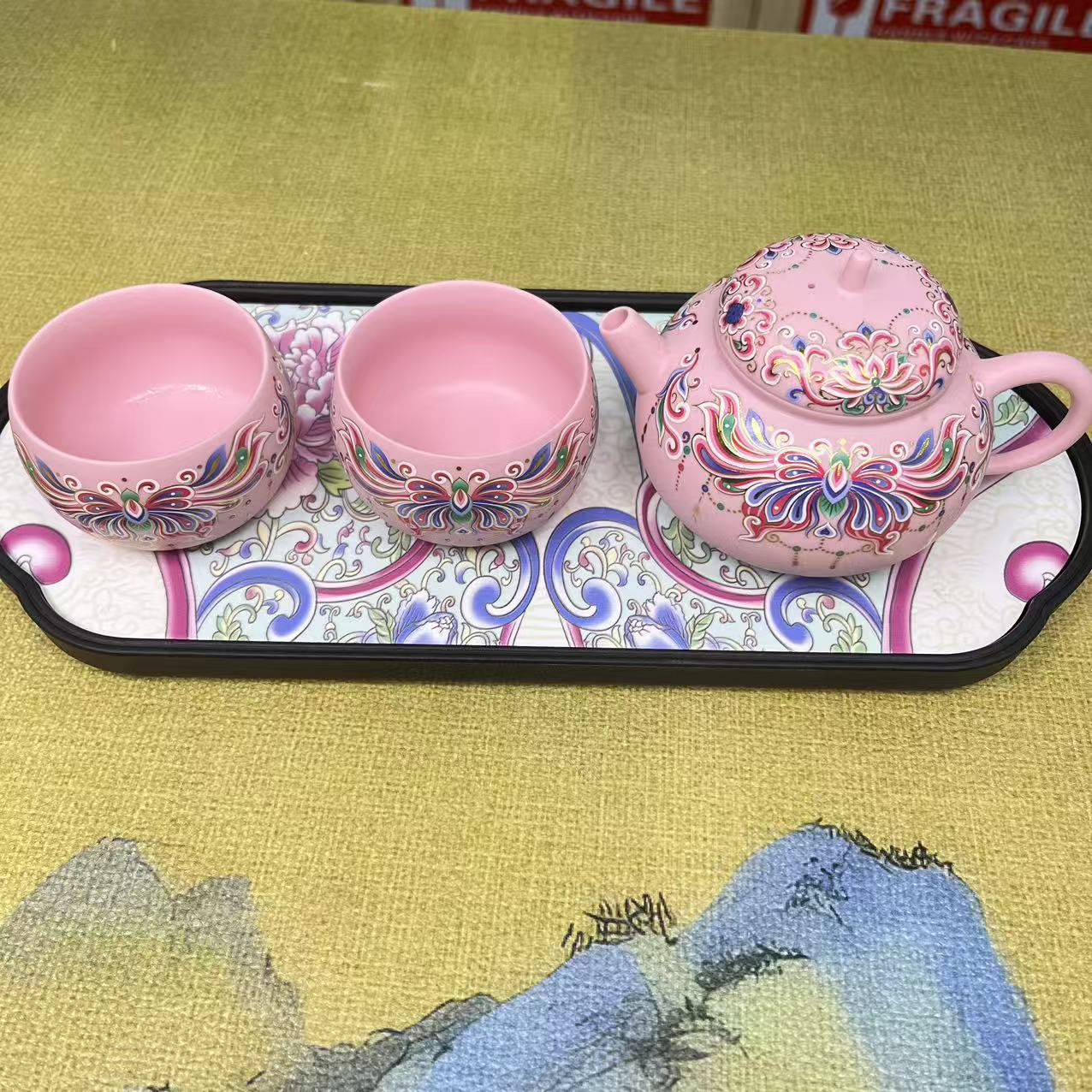 粉泥璎珞蝴蝶-案砂壶一壶二杯+茶盘@z1053