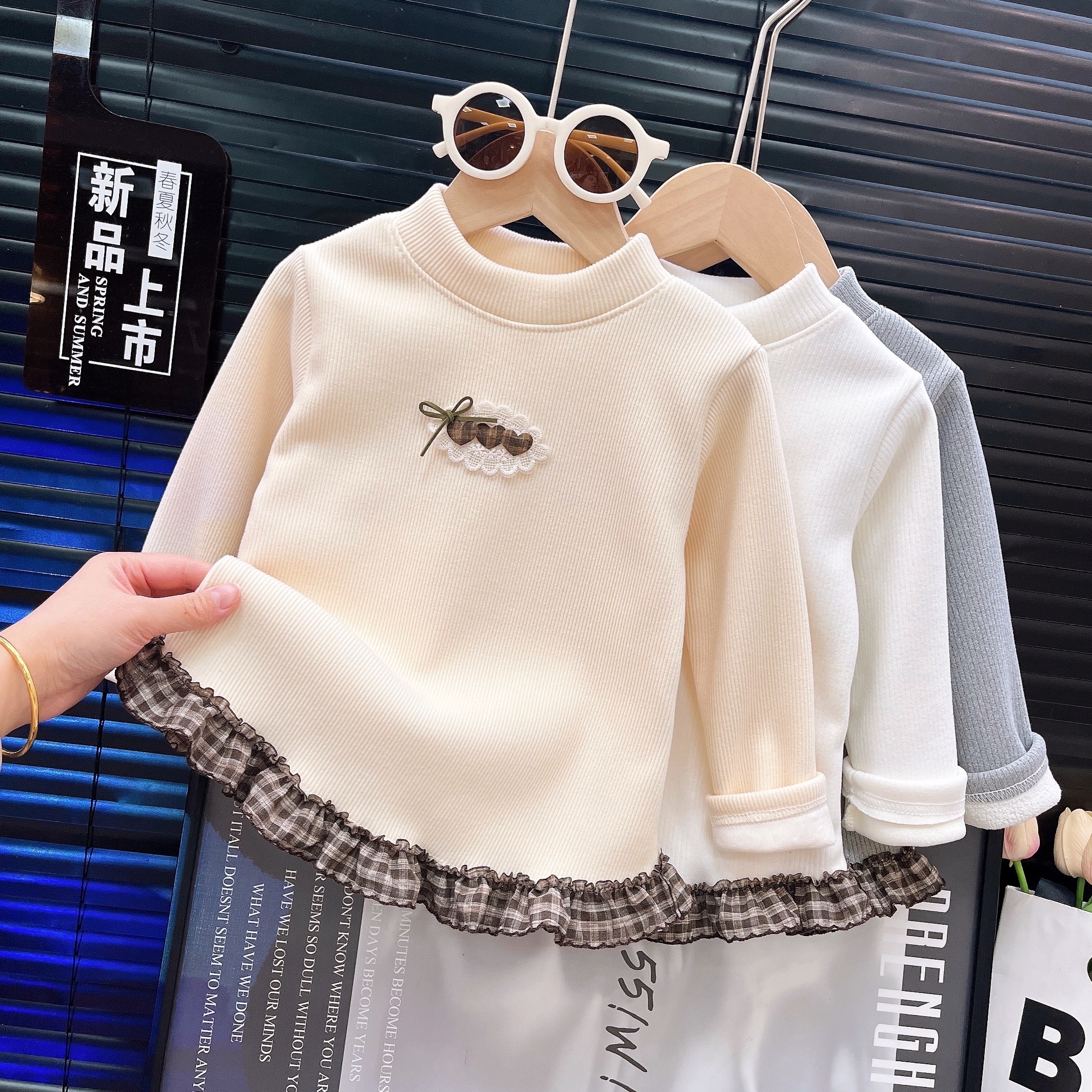 【慕斯暖绒】双面绒打底衫女童小爱心蝴蝶结一体绒长袖加厚上衣加绒