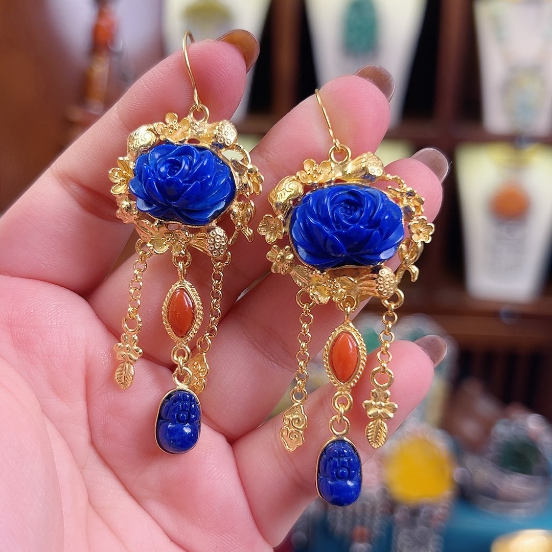 青金石未镶嵌挂件耳环