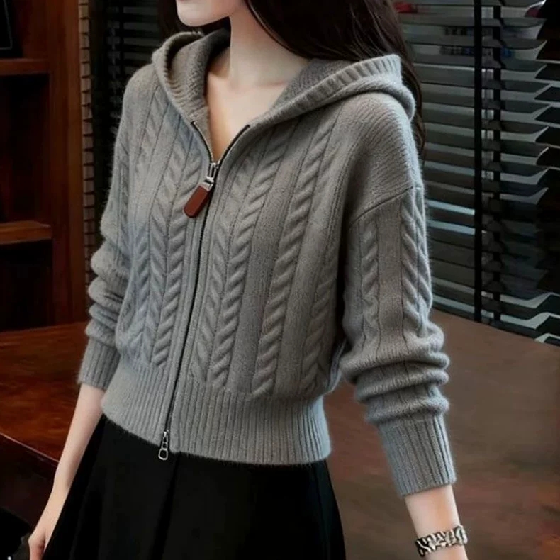 秋冬灰色连帽针织开衫女毛衣麻花纹双拉链短款外套韩系温柔风上衣