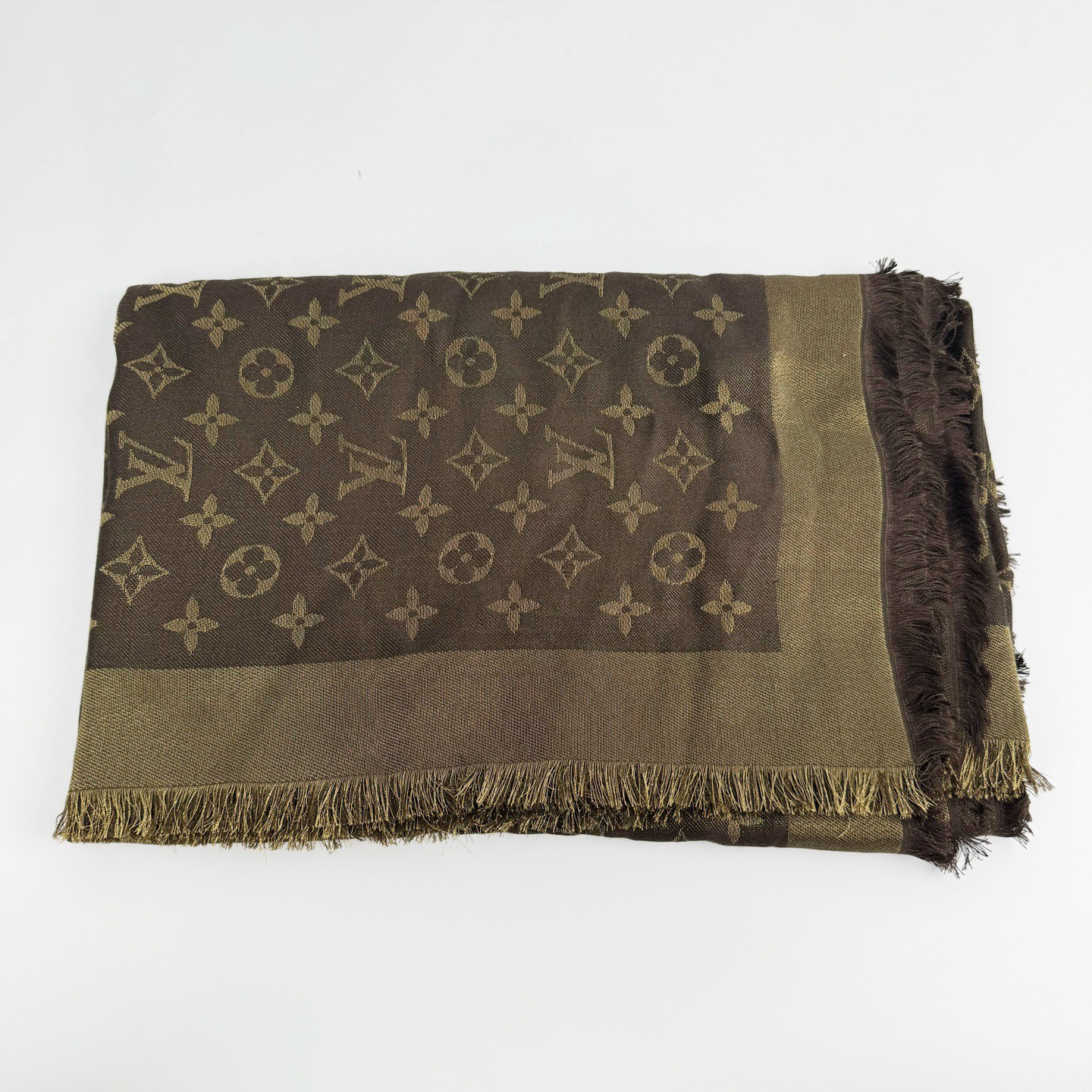 99新 LouisVuitton/路易威登 棕色金丝满印logo丝巾 99新 sz0280