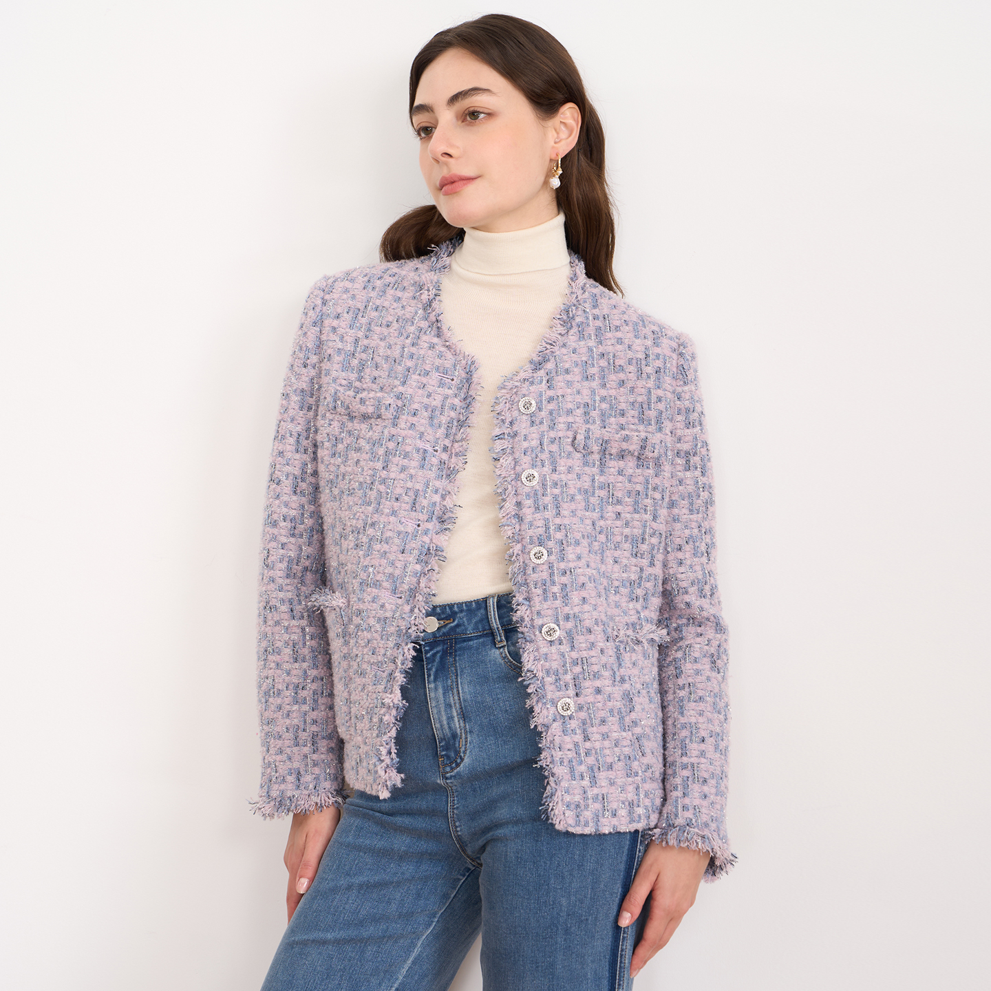 【香芋紫粗花呢短外套】EITIE爱特爱时尚宽松小香风秋冬新D2503903