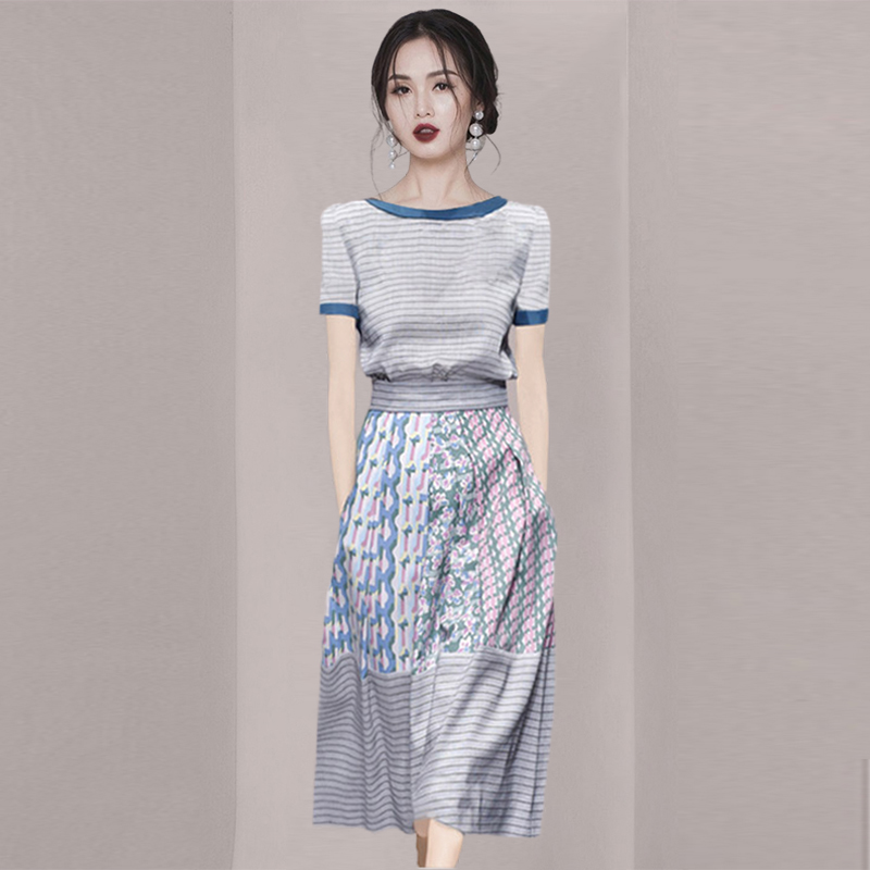 欧美条纹印花上衣大摆半身裙套装2025年夏装新款设计感小众两件套