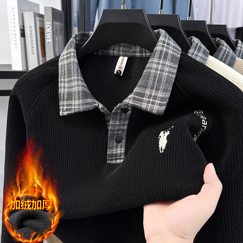 保罗秋冬轻奢痞帅男士加绒加厚格子衬衫领时尚舒适保暖毛衣针织衫