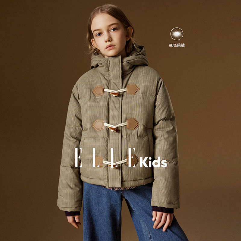 ELLE KIDS 90%白鹅绒羽绒服女童冬季新款连帽立领撞色皮袢外套N3