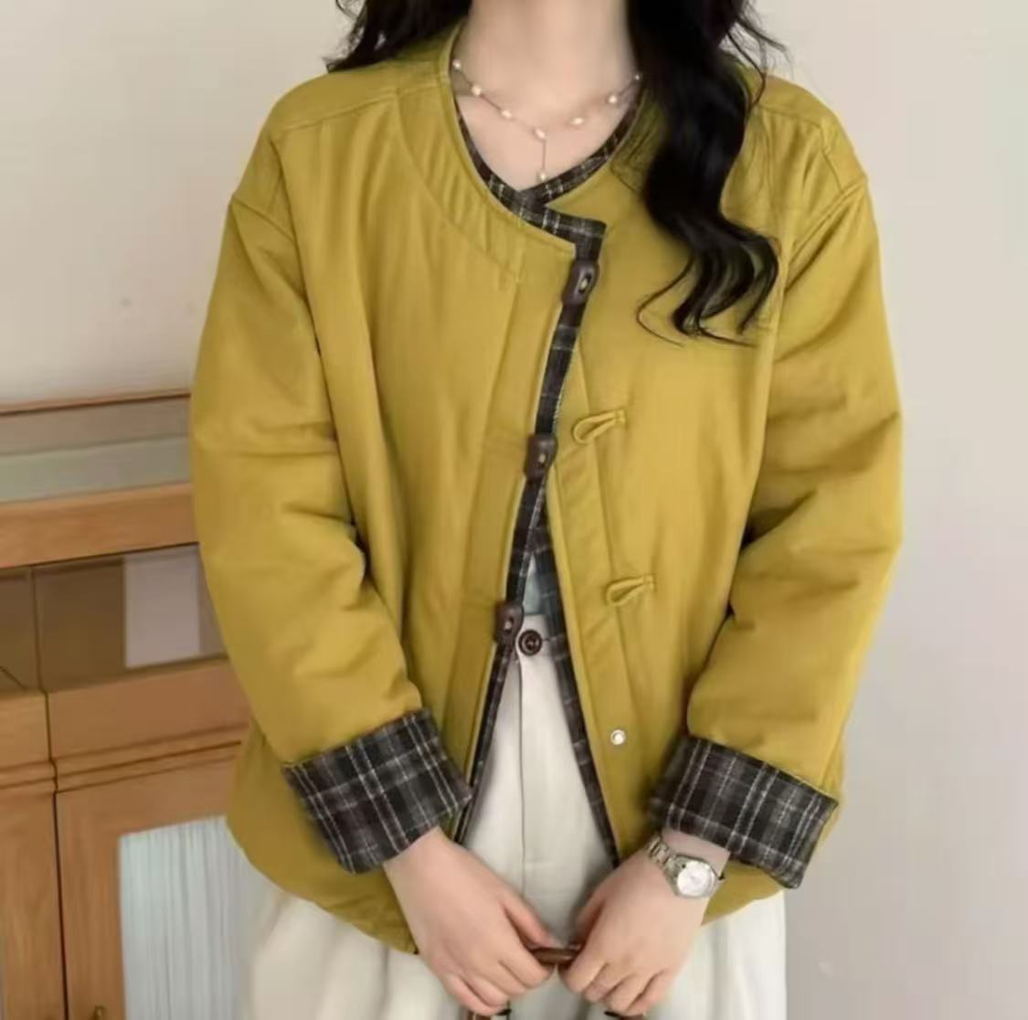 秋冬新款格子宽松显瘦拼色小个子轻薄夹棉女外套