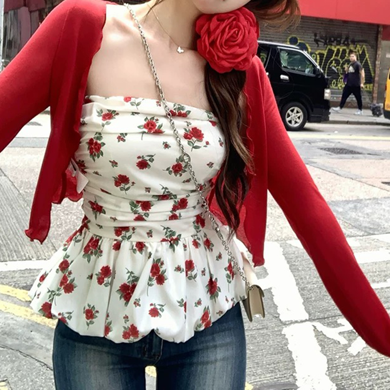 【mimius】&喵喵 复古玫瑰印花抹胸背心+针织开衫 G03115