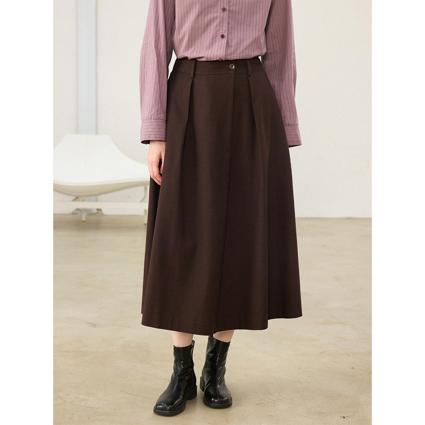 CHALAMON夏拉蒙 莱赛尔棉不对称设计半身裙女初秋松紧腰百褶长裙