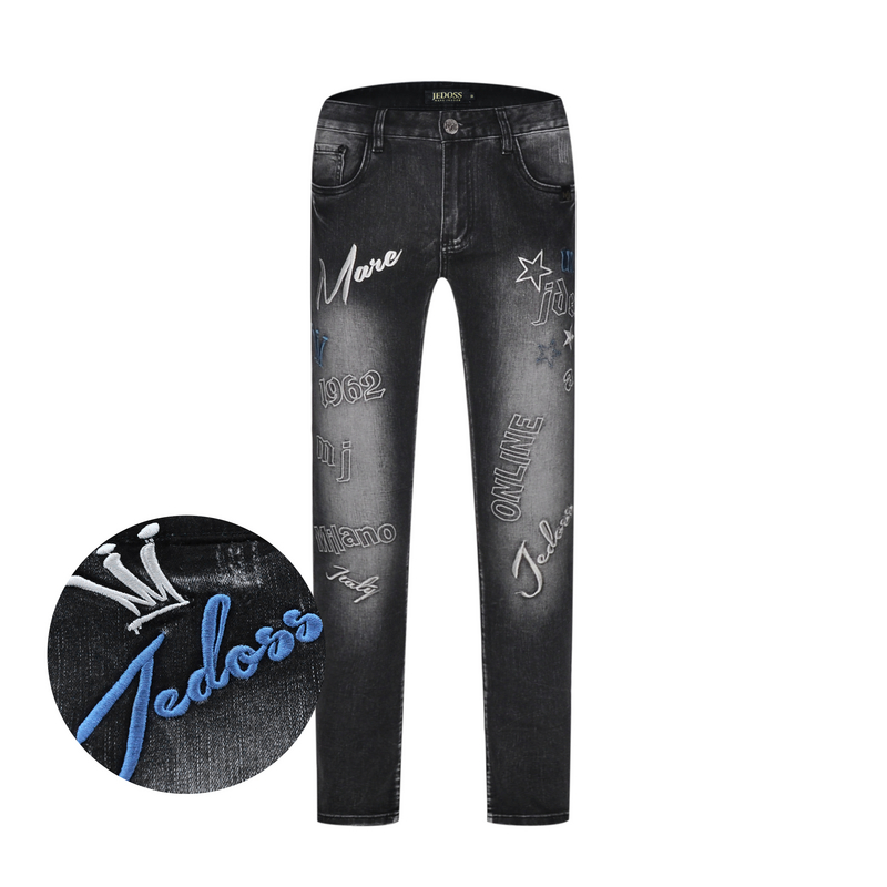 JEDOSS/爵迪斯2025夏季新款破洞多形态LOGO图案修身牛仔裤潮555B