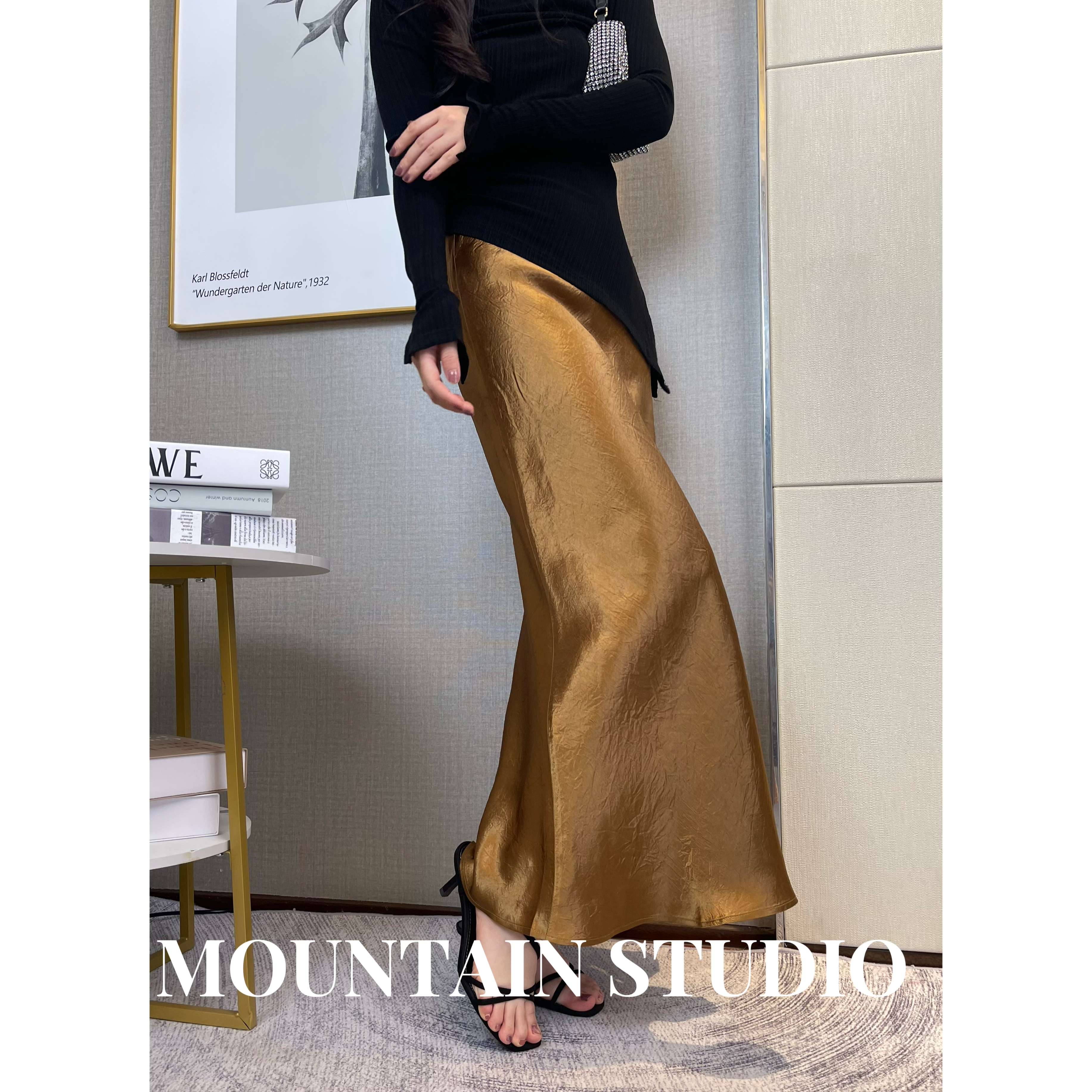 周舟春夏新款100%醋酸高腰斜裁褶皱显瘦开叉长款鱼尾裙女