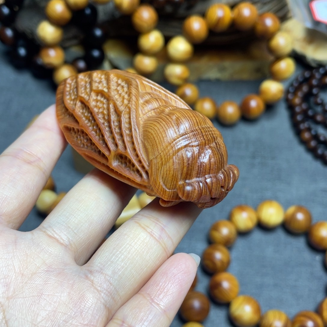 柏木（崖柏）黄泥膏手把件蝉