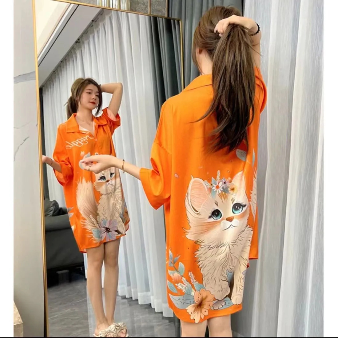 新款薄款韩版冰丝家居服性感睡裙开衫夏季女女宽松轻奢高级感睡衣