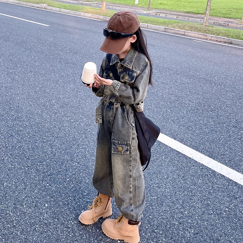 女童牛仔套装2025秋季新款中大童洋气韩版休闲哈伦工装裤两件套潮
