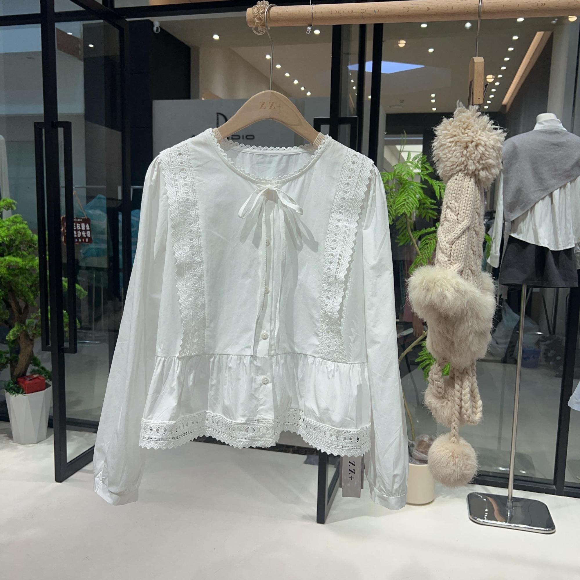 5673东大门秋季新款水溶花拼接款可系带开衫衬衣