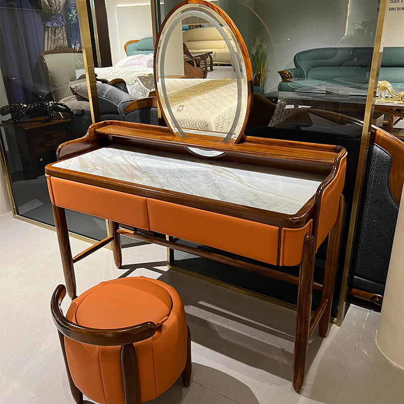 1.25米现代爱玛橙智能镜岩板乌金木妆台储物妆凳个性化皮凳组合