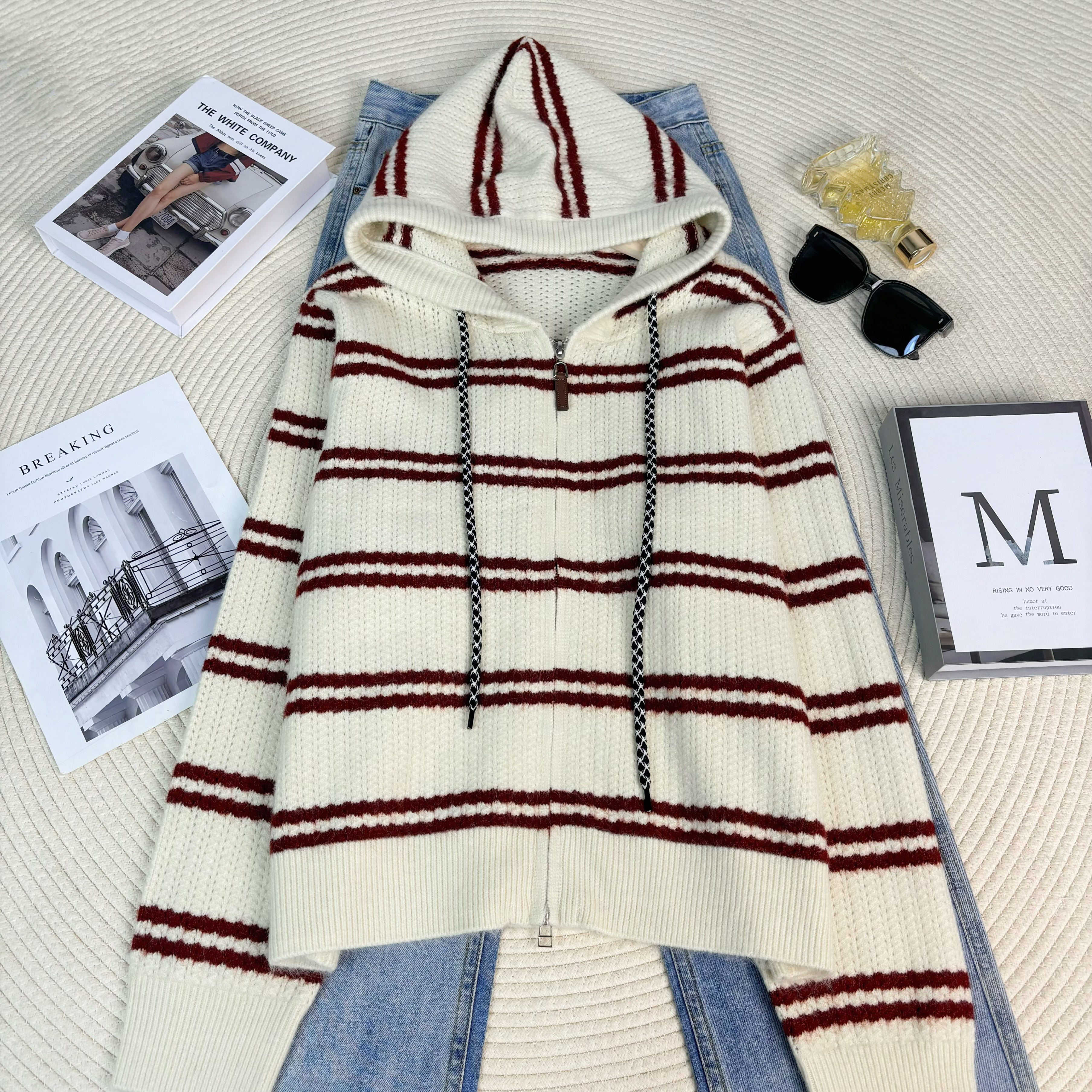 新新定制-连帽抽绳款双条纹双拉链微镂空慵懒风针织开衫475935