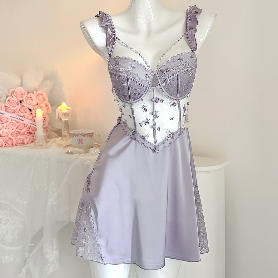 【80-120】性感蕾丝甜美睡衣加胸垫缎面吊带睡裙家居服套