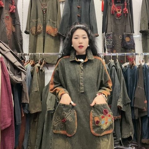 刺绣招财猫牛仔如意衬衫裙