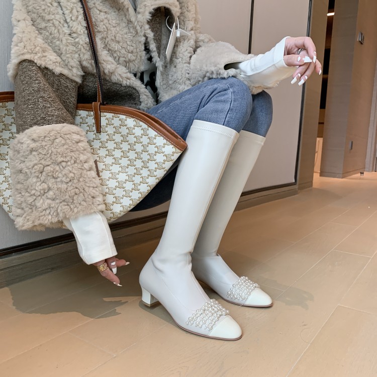 好穿不掉筒高筒筒靴女靴白色弹力靴方头瘦瘦靴百搭显瘦冬季粗跟