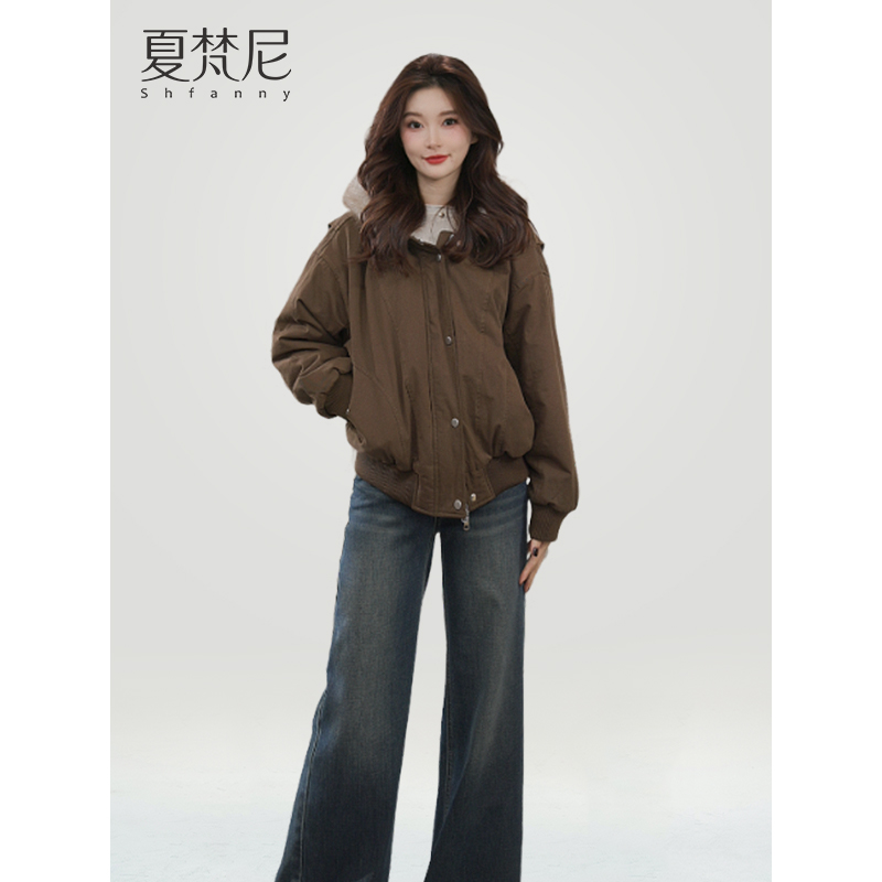 夏梵尼罗弗敦岛2025年冬季新款毛毛领连帽保暖短款宽松夹克外套