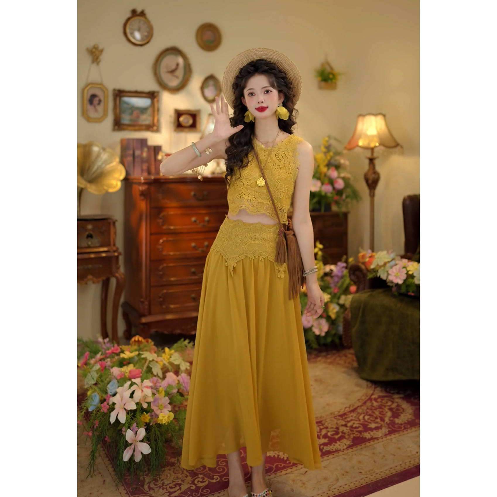 扣子家【月牙湾】气质甜美睫毛蕾丝无袖上衣+半身裙KK0726045