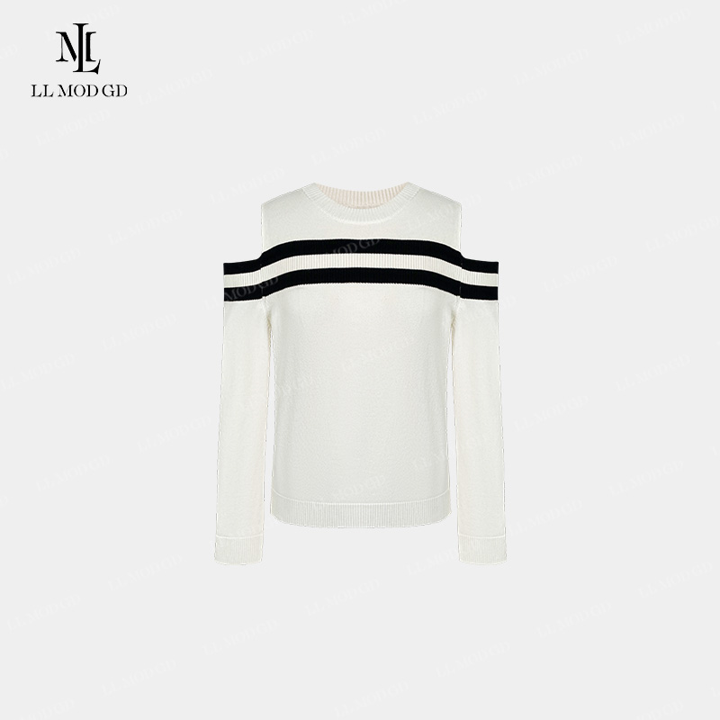  滴选大爆款 小众设计感露肩条纹针织上衣春秋慵懒上衣YL-260343