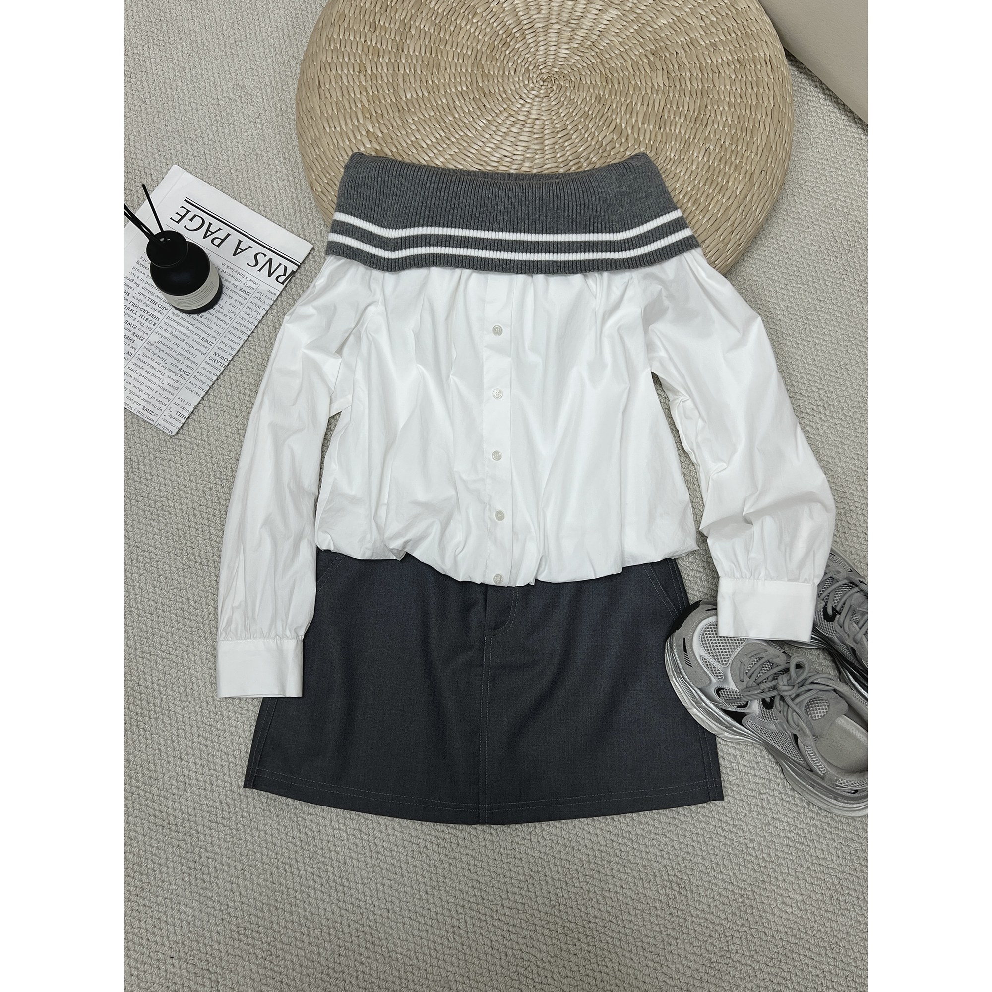 撞色螺纹领一字肩花苞衬衫25M51