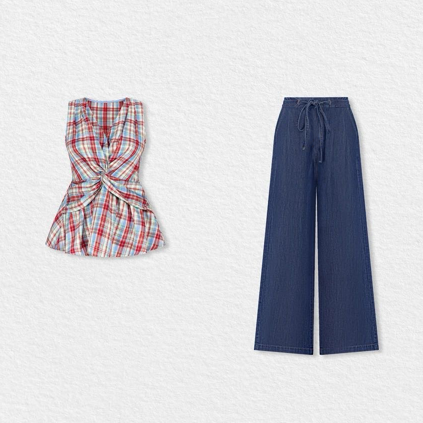 【青春方盒】夏季新款格纹上衣仿牛仔阔腿裤时尚套装